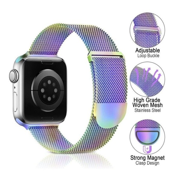 For Apple iWatch Series-Metal Stainless Steel Bands Rainbow & Pink (1) Set of 2 - Picture 2 of 10